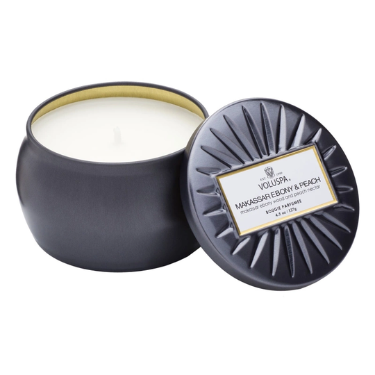 Voluspa Makassar Ebony & Peach Decorative Tin Candle (25h)