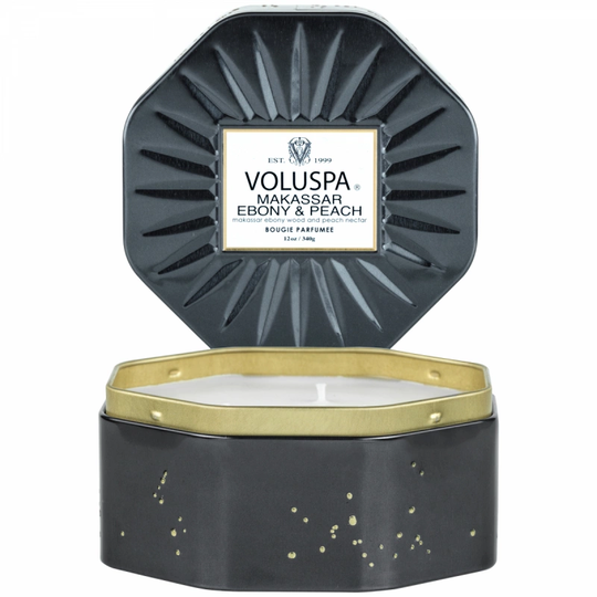 Voluspa Makassar Ebony & Peach Octogon Tin Candle 50h