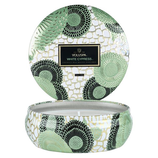 Voluspa 3-wick Candle in Decorative Tin White Cypress 40tim
