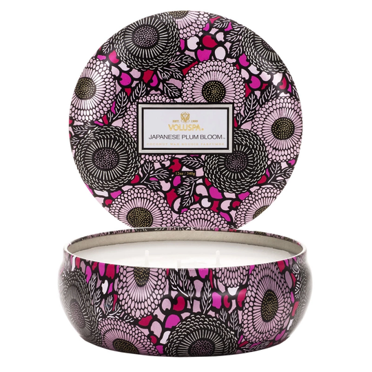 Voluspa Japanese Plum Bloom 3 Wick Candle in Decorative Tin (40h)