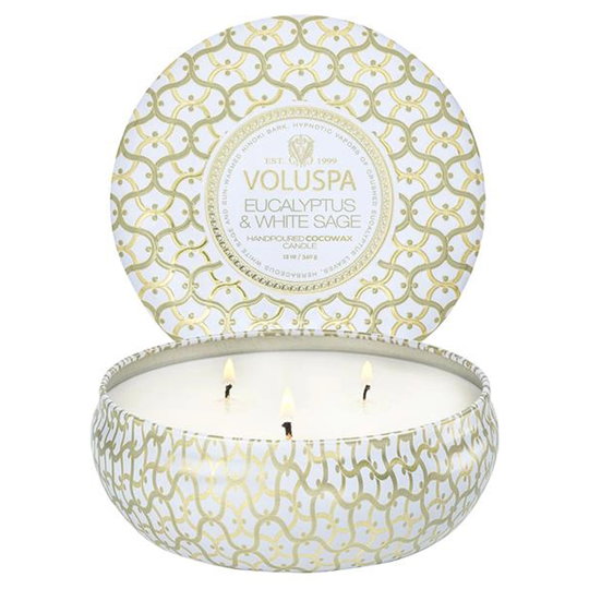 Voluspa 3-Wick Tin Candle Eucalyptus & White Sage 40h