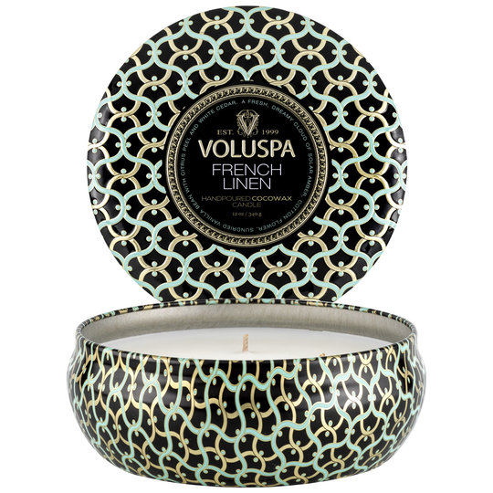 Voluspa French Linen 3-Wick Tin Candle 40h