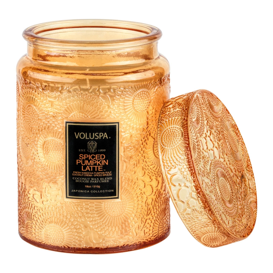 Voluspa Large Embossed Glass Jar Candle 100tim Spiced Pumpkin Latte