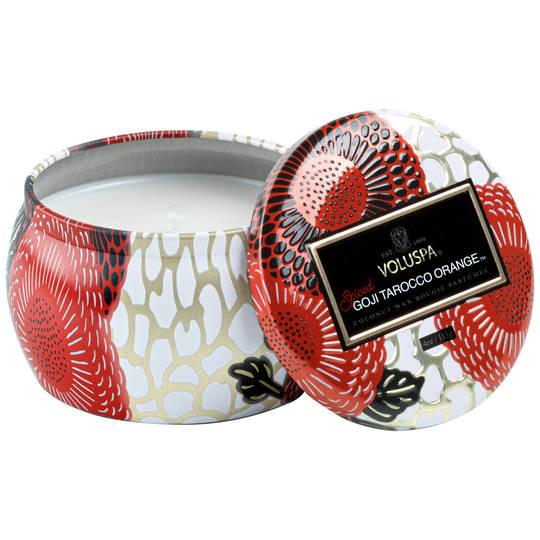 Voluspa Japonica Holiday Decorative Minitin Candle, Spiced Goji Tarocc