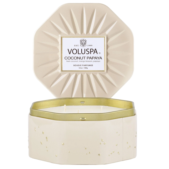 Voluspa Papaya Coconut Octogon Tin Candle 50h