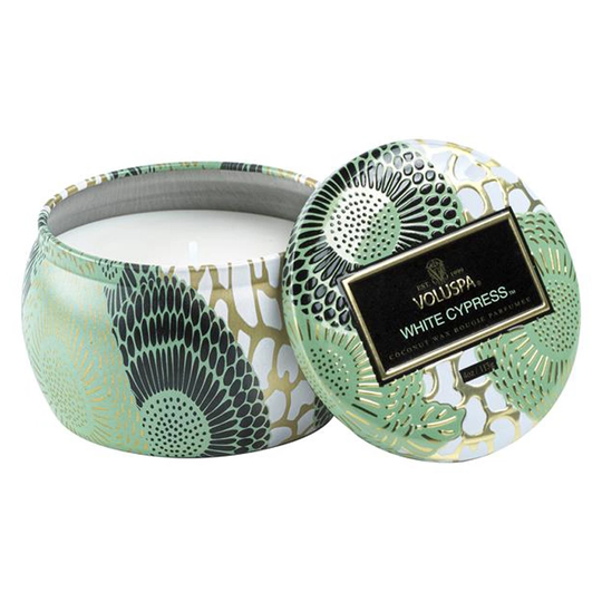 Voluspa Decorative Tin Candle White Cypress 25h