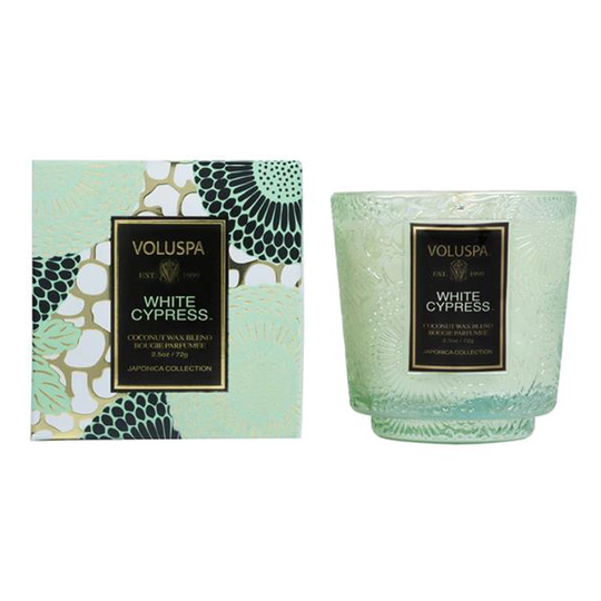 Voluspa Boxed Mini Pedestal Glass Candle White Cypress 25tim