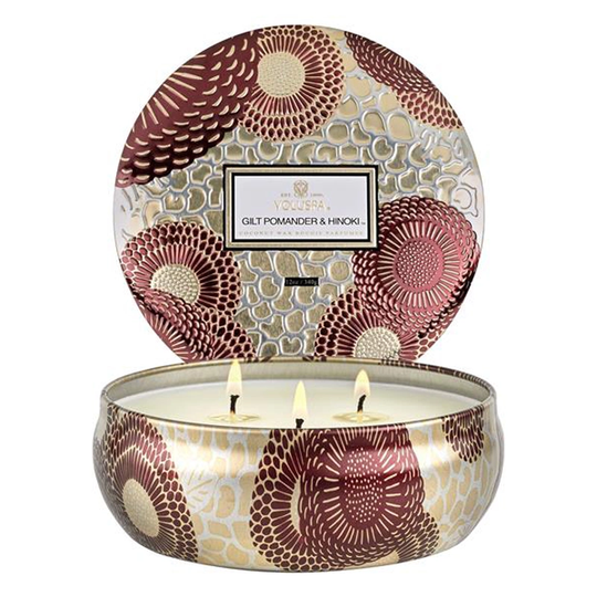 Voluspa 3-wick Candle in Decorative Tin Gilt Pomander & Hinoki 40tim