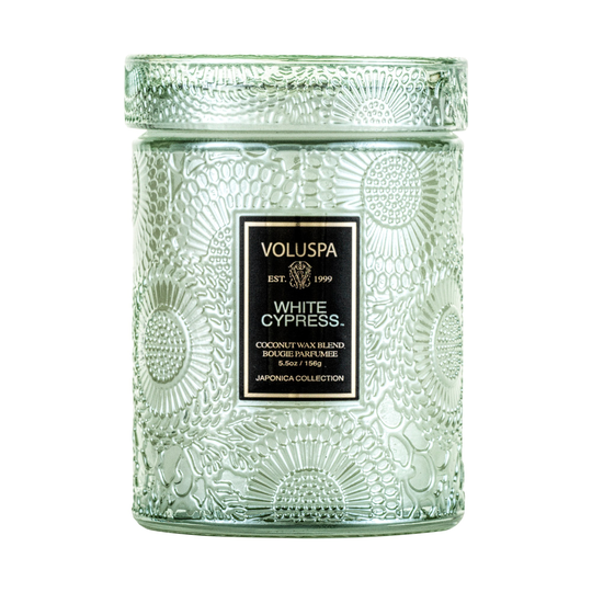Voluspa Japonica Holiday Miniglass Jar with lid, White Cypress