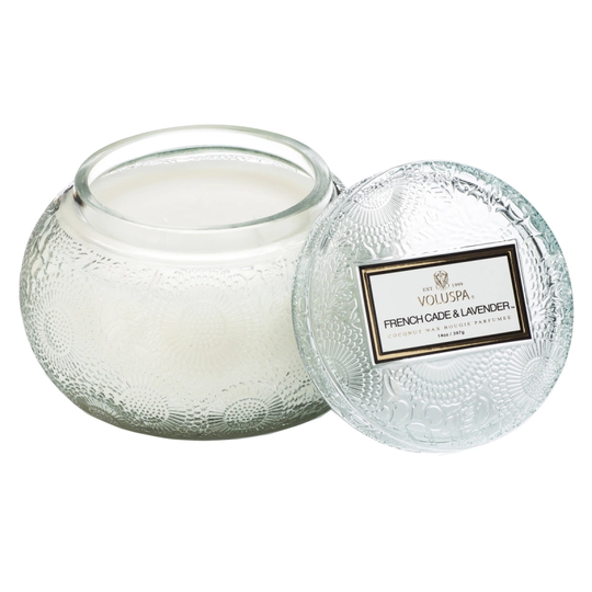 Voluspa French Cade & Lavender Embossed Glass Chawan Bowl 50h