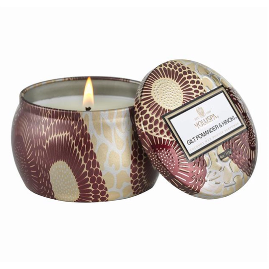 Voluspa Decorative Tin Candle Gilt Pomander & Hinoki 25h
